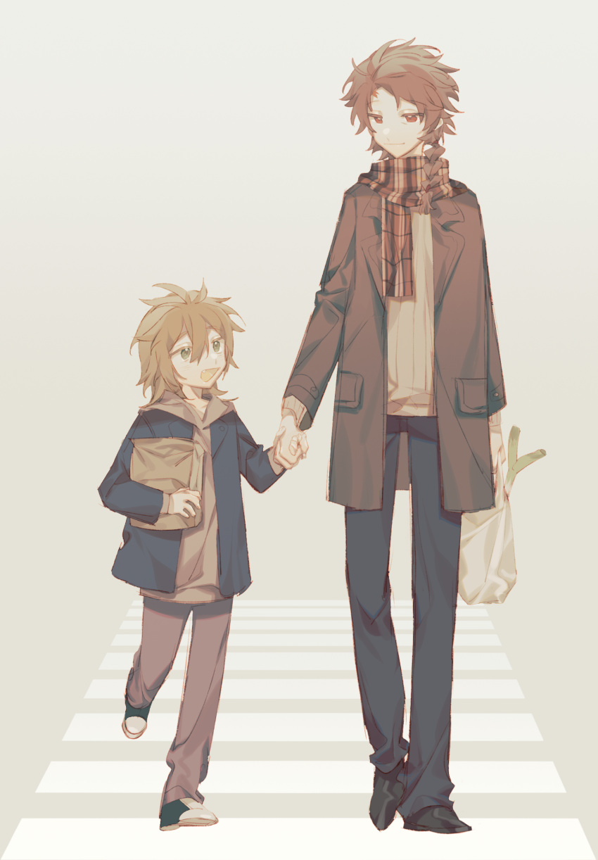 2boys :d bag blonde_hair blue_jacket brown_coat brown_hair brown_hoodie brown_pants child chinese_commentary closed_mouth coat crosswalk eyebrows_visible_through_hair fang father_and_son food green_eyes grey_pants hair_between_eyes happy harada_minoru highres holding holding_bag holding_hands hood hood_down hoodie isoi_reiji jacket long_sleeves lsqmsukiki multiple_boys open_clothes open_coat open_jacket open_mouth pants paper_bag plaid plaid_scarf plastic_bag pocket red_eyes ribbed_sweater saibou_shinkyoku scarf shoes short_hair sketch smile sneakers spring_onion sweater vegetable walking yellow_sweater