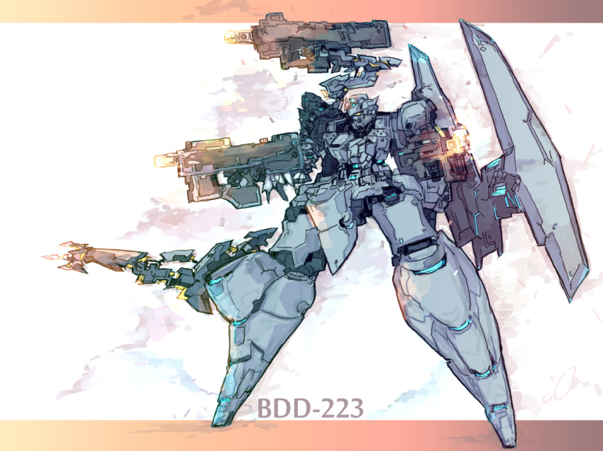 beru buster_dress dual_wielding extra_arms firing gun gunhawk_(buster_dress) holding holding_gun holding_weapon looking_ahead mecha no_humans science_fiction v-fin weapon yellow_eyes