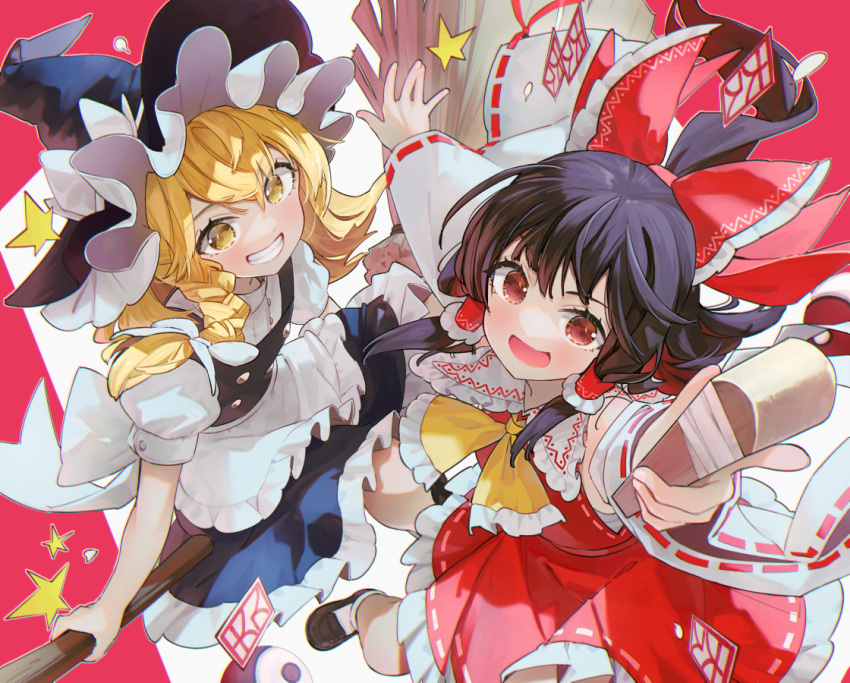 2girls \||/ apron arms_at_sides ascot bangs black_hair black_headwear black_skirt black_vest blonde_hair blush bow braid broom broom_riding brown_eyes dress frilled_apron frilled_shirt_collar frilled_skirt frills from_above grin hair_bow hakurei_reimu hat holding kirisame_marisa loafers long_hair looking_at_viewer multiple_girls no_pupils ofuda orb outstretched_arms ponytail puffy_short_sleeves puffy_sleeves red_bow red_dress red_eyes sarashi shoes short_sleeves side_braid single_braid skirt smile socks syuri22 touhou vest waist_apron white_bow white_socks wide_sleeves witch_hat yellow_ascot yellow_eyes yin_yang yin_yang_orb