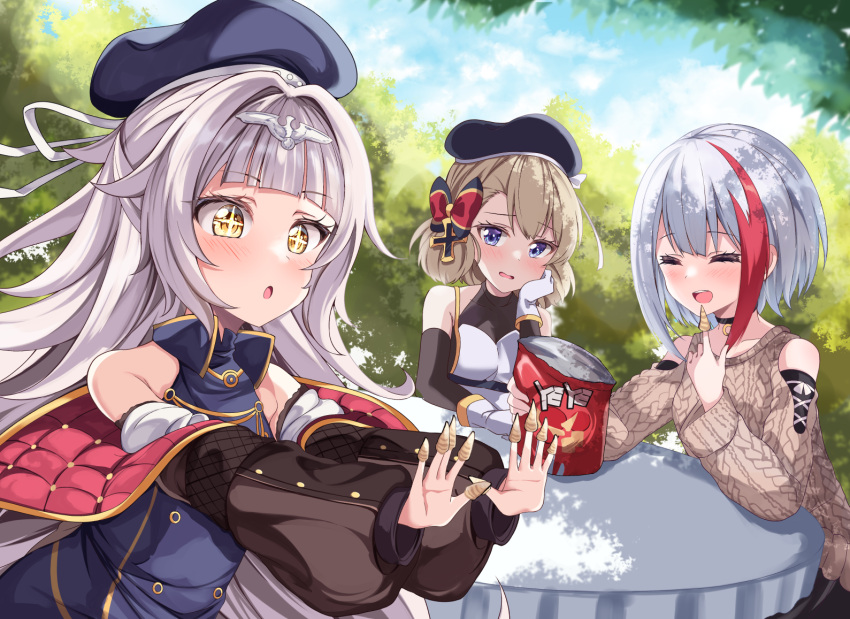 +_+ 3girls acchii_(akina) admiral_graf_spee_(azur_lane) admiral_graf_spee_(girl's_sunday)_(azur_lane) azur_lane blue_eyes bugles bugles_on_fingers commentary_request multiple_girls official_alternate_costume open_bag open_mouth outdoors sitting snack sparkling_eyes sweater table yellow_eyes z23_(azur_lane) z46_(azur_lane)