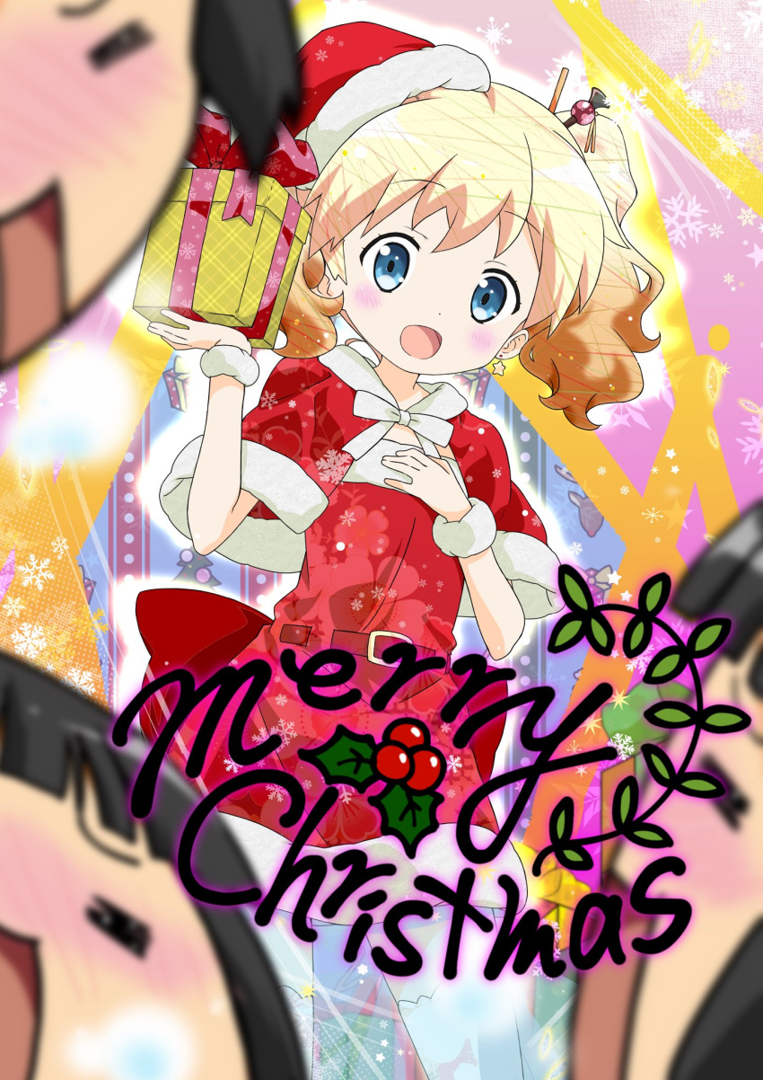 :d =_= alice_cartelet bangs berry black_hair blonde_hair blurry blurry_foreground blush bow chopsticks christmas commentary_request cowboy_shot english_text flat_chest gift hair_between_eyes hair_ornament hand_on_own_chest hands_up hat highres holding holding_gift kin-iro_mosaic medium_hair merry_christmas mistletoe multiple_views nose_blush official_art oomiya_shinobu open_mouth ozeki_miyabi raised_eyebrows red_bow red_theme santa_costume santa_hat shawl shiny shiny_hair short_twintails smile snowflake_print tareme twintails white_bow white_legwear wrapped_up zettai_ryouiki