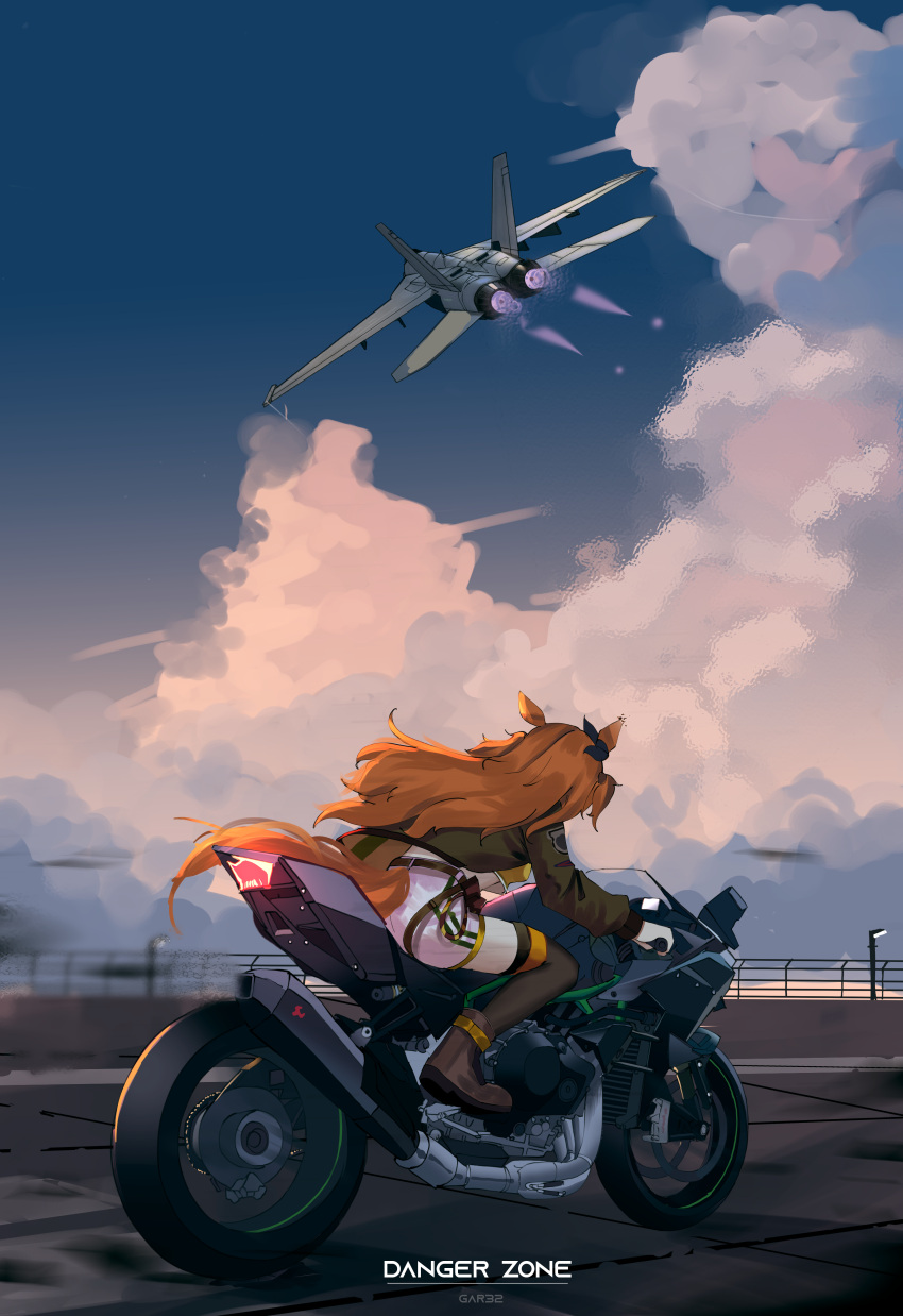 1girl absurdres aircraft airplane animal_ears artist_name ass black_legwear black_ribbon blue_sky boots brown_footwear brown_jacket clouds cloudy_sky commentary day ear_ribbon english_commentary english_text fighter_jet gar32 ground_vehicle highres horse_ears horse_girl horse_tail jacket jet long_hair mayano_top_gun_(umamusume) military military_vehicle motor_vehicle motorcycle open_clothes open_jacket orange_hair outdoors ribbon short_shorts shorts sky solo tail thigh-highs thighhighs_under_boots two_side_up umamusume very_long_hair white_shorts