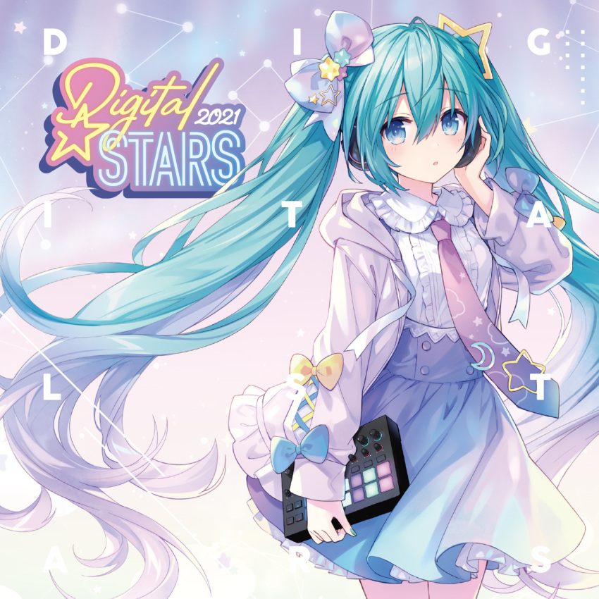 aqua_eyes aqua_hair bow crescent crescent_hair_ornament digital_stars eyebrows_visible_through_hair frilled_jacket frills hair_between_eyes hair_in_eyes hair_ornament hatsune_miku headphones highres holographic_clothing jacket long_hair neon_lights non-web_source overall_skirt pastel_colors pink_jacket skirt star_(symbol) star_hair_ornament tsunako twintails very_long_hair vocaloid