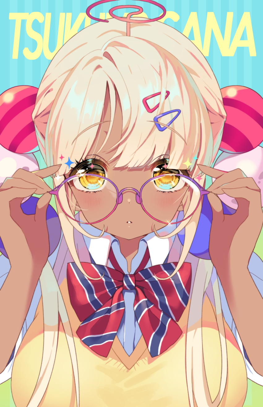 1girl bangs blonde_hair blunt_bangs breasts character_name collared_shirt dark-skinned_female dark_skin eyebrows_visible_through_hair glasses hair_ornament hairclip highres hololive hololive_english large_breasts limiter_(tsukumo_sana) long_hair looking_at_viewer official_alternate_costume parted_lips planet_hair_ornament ribbon round_eyewear school_uniform shirt short_sleeves sidelocks sparkle striped striped_background sweater sweater_vest tsukumo_sana twintails very_long_hair virtual_youtuber white_shirt yellow_eyes yellow_sweater yotte