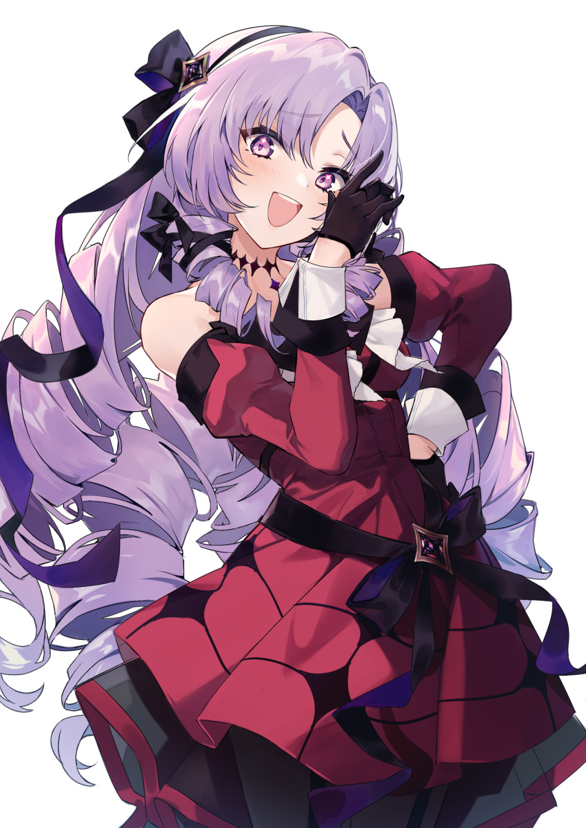 1girl :d bangs black_bow black_choker black_dress black_gloves black_hairband bow breasts choker cowboy_shot detached_sleeves dress drill_hair eyebrows_visible_through_hair gloves hair_bow hairband hand_on_hip head_tilt highres hyakumantenbara_salome laughing layered_dress long_hair long_sleeves looking_at_viewer nijisanji open_mouth parted_bangs purple_hair red_dress simple_background small_breasts smile solo two-tone_dress very_long_hair violet_eyes virtual_youtuber white_background zhong_chai