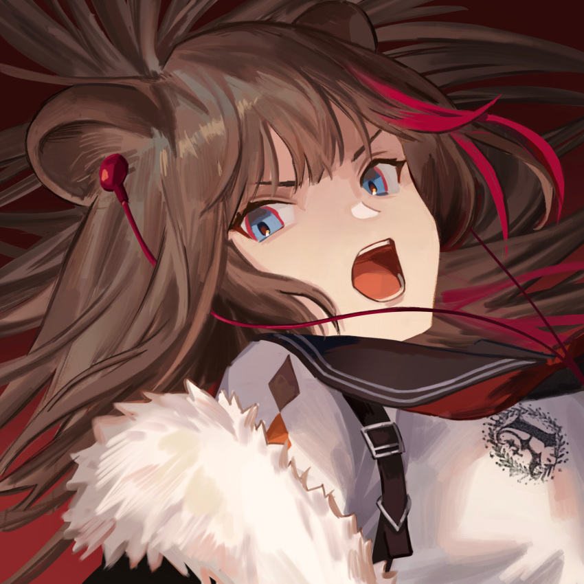 1girl animal_ears arknights artist_name bear_ears black_collar blue_eyes brown_hair brown_jacket brown_sailor_collar brown_shirt collar frown fur-trimmed_jacket fur_trim hasegawamorito highres jacket light_blush long_hair looking_at_viewer multicolored_hair necktie off_shoulder open_clothes open_jacket pink_background red_necktie redhead sailor_collar shirt simple_background solo split_mouth streaked_hair upper_body vest white_vest zima_(arknights)