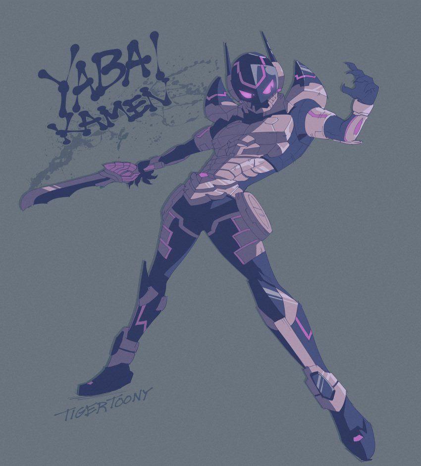 1boy armor artist_name black_footwear black_gloves character_name cyborg dogengers english_commentary evil full_body gauntlets gloves glowing glowing_eyes highres holding holding_weapon leg_armor male_focus pose shadow shoulder_armor sword tigertoony tokusatsu villain_pose violet_eyes weapon yabai_kamen