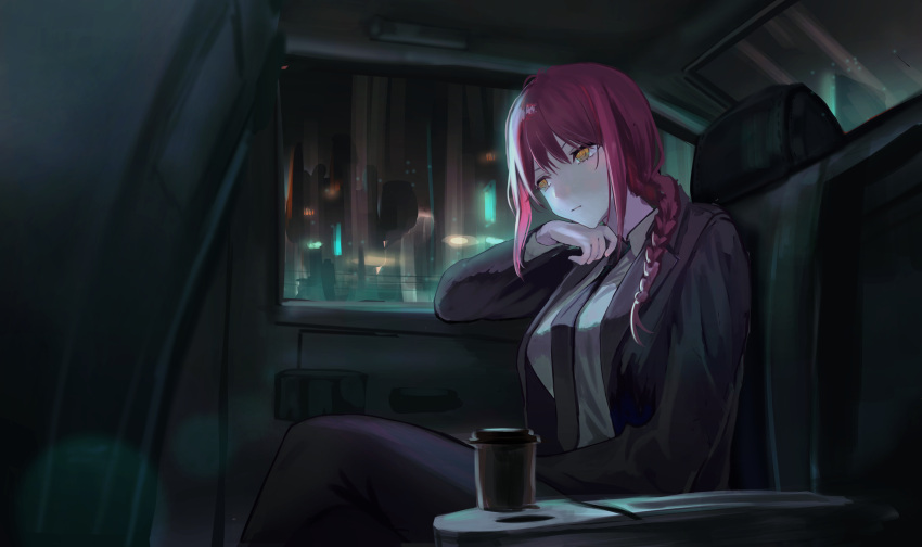 1girl absurdres bangs black_necktie black_pants braid braided_ponytail breasts car car_interior chainsaw_man city coffee_cup collared_shirt commentary_request cup disposable_cup expressionless formal ground_vehicle highres long_hair long_sleeves makima_(chainsaw_man) motor_vehicle natsuba002 necktie office_lady pants redhead ringed_eyes shirt solo suit white_shirt yellow_eyes