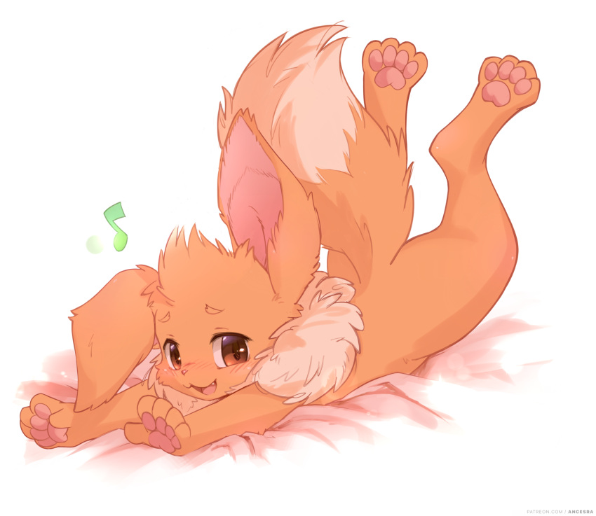 :3 ancesra animal_focus artist_name bed_sheet blush brown_eyes commentary eevee english_commentary fang feet_up fluffy full_body fur_collar happy highres looking_at_viewer lying musical_note no_humans non-web_source nose_blush on_stomach open_mouth outstretched_arms patreon_username pawpads pokemon pokemon_(creature) simple_background smile solo watermark web_address white_background