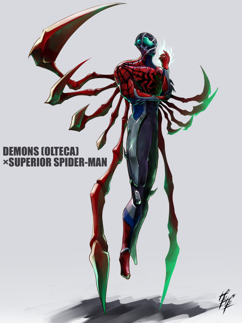 1boy adapted_costume alternate_costume aqua_eyes artist_name boots extra_legs fire full_body fusion green_eyes highres kamen_rider kamen_rider_demons kamen_rider_revice magic male_focus marvel mechanical_legs olteca_(kamen_rider_revice) red_footwear shadow signature spider-man spider-man_(series) superior_spider-man trait_connection villain_pose white_background zagizagi