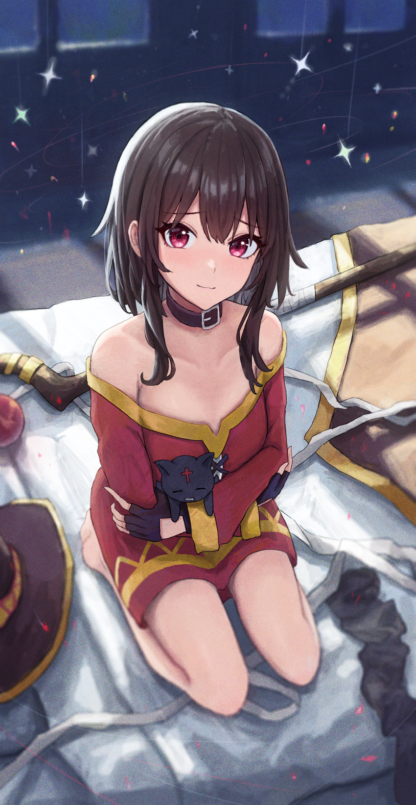 1girl absurdres bed blush brown_hair choker chomusuke dress fingerless_gloves gloves headwear_removed highres icetea774 kono_subarashii_sekai_ni_shukufuku_wo! legwear_removed long_sleeves looking_at_viewer megumin on_bed red_dress red_eyes seiza short_hair_with_long_locks sitting sitting_on_bed smile solo strapless strapless_dress thigh-highs