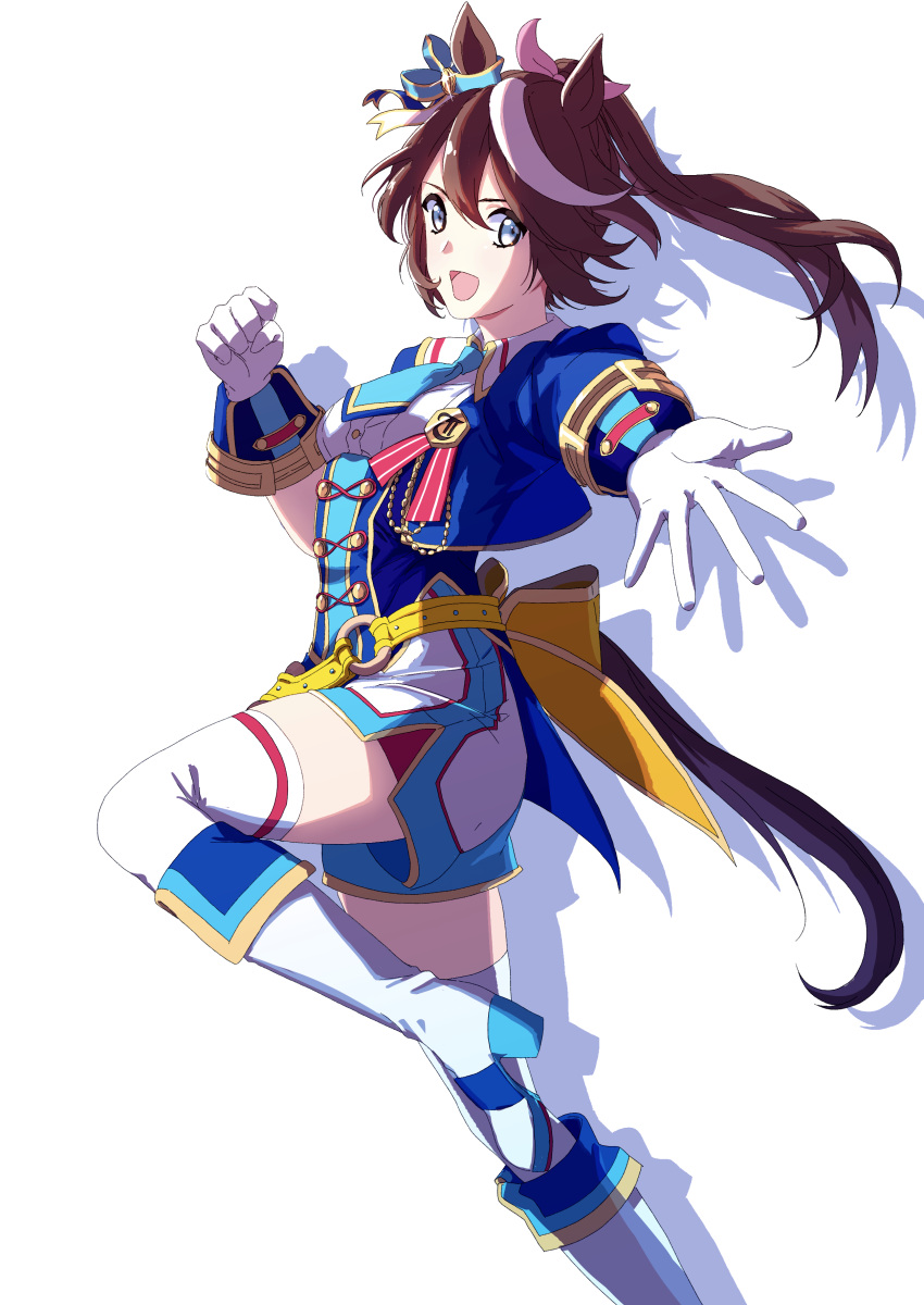 1girl absurdres animal_ears bangs belt blue_eyes blue_jacket boots collared_shirt corset endo_(knye07) gloves hand_up high_heel_boots high_heels highres horse_ears horse_girl horse_tail jacket leg_up long_hair looking_at_viewer multicolored_hair open_mouth outstretched_arm ponytail reaching_out shirt short_sleeves shorts smile solo streaked_hair tail thigh-highs tokai_teio_(umamusume) umamusume white_background white_footwear white_gloves white_legwear white_shirt
