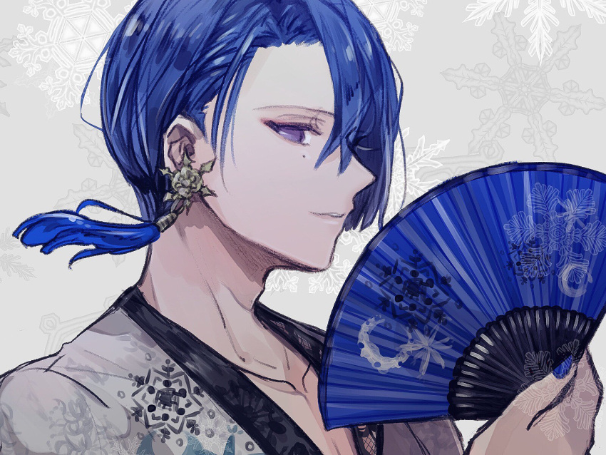 1boy adam's_apple blue_hair blue_nails collarbone earrings from_side grey_background hair_over_one_eye hand_fan highres hijirikawa_masato holding holding_fan jewelry light_smile looking_at_viewer male_focus mole mole_under_eye official_alternate_costume official_alternate_hairstyle parted_lips pelee portrait profile shirt short_hair single_earring snowflake_background snowflake_print solo straight_hair tassel tassel_earrings uta_no_prince-sama violet_eyes white_shirt