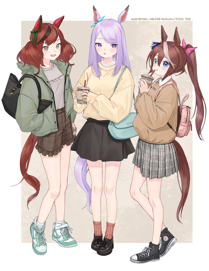 3girls :d absurdres animal_ears backpack bag bangs black_footwear black_skirt blue_eyes blush bow brown_hair brown_shirt casual character_name clothes_writing collared_shirt cup disposable_cup drinking_straw ear_bow ear_covers english_text full_body green_footwear green_jacket grey_eyes grey_shirt hair_ornament hand_in_pocket handbag high_tops highres holding holding_cup horse_ears horse_girl horse_tail jacket long_hair looking_at_another looking_at_viewer mejiro_mcqueen_(umamusume) miniskirt multicolored_hair multiple_girls nice_nature_(umamusume) open_clothes open_jacket open_mouth pink_bag pink_bow pleated_skirt ponytail purple_hair redhead shirt shoes short_twintails shorts simple_background skirt smile sneakers socks streaked_hair sweater tail tamayume tokai_teio_(umamusume) twintails two-tone_hair umamusume very_long_hair violet_eyes yellow_sweater