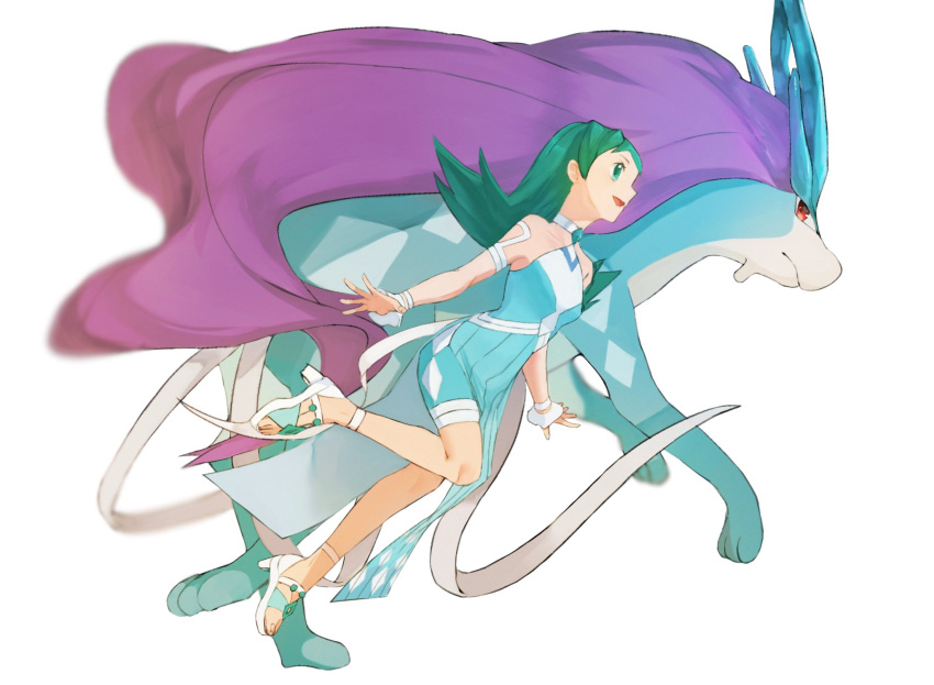 1girl aqua_dress aqua_eyes aqua_hair bare_shoulders breasts choker collarbone dress from_side full_body hair_ornament halter_dress halterneck highres horezai kris_(pokemon) looking_back looking_to_the_side medium_hair official_alternate_costume pokemon pokemon_(game) pokemon_gsc pokemon_masters_ex running sandals shorts shorts_under_dress side_slit small_breasts suicune white_background wrist_cuffs