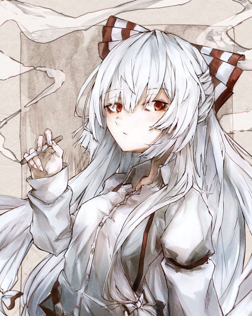 1girl :/ absurdres arm_strap bangs bow buttons cigarette collared_shirt commentary eyebrows_visible_through_hair fujiwara_no_mokou hair_between_eyes hair_bow highres holding holding_cigarette long_hair long_sleeves looking_at_viewer puffy_long_sleeves puffy_sleeves red_eyes safutsuguon shirt sidelocks smoke smoking solo suspenders touhou upper_body white_bow white_hair white_shirt wing_collar