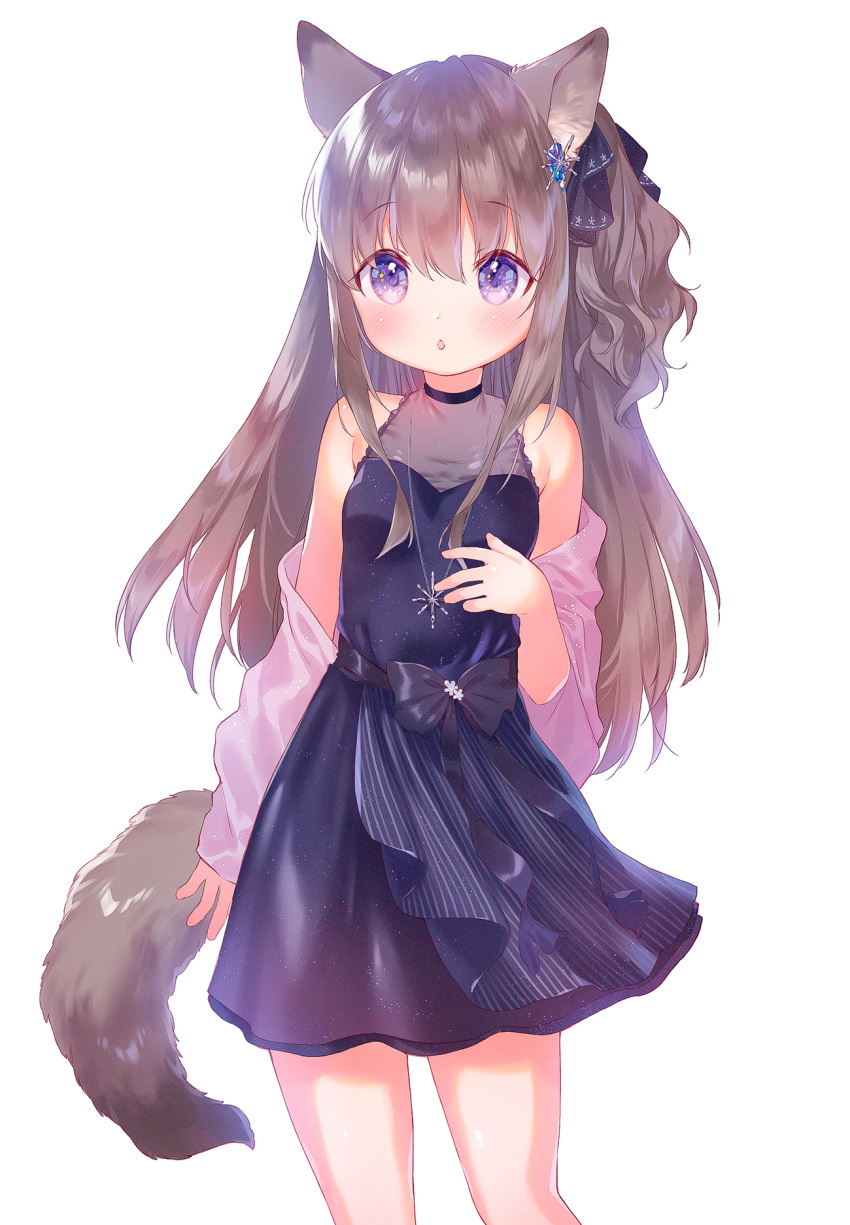 1girl :o animal_ears bare_shoulders black_dress blush bow commentary_request cowboy_shot dress glitter grey_hair hair_ornament hair_ribbon highres long_hair looking_at_viewer mutou_mato necktie one_side_up open_mouth original ribbon simple_background sleeveless sleeveless_dress solo tail violet_eyes waist_bow white_background