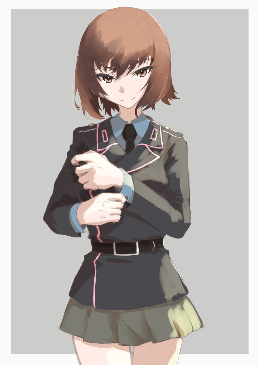 1girl absurdres bangs black_jacket black_necktie border brown_eyes brown_hair closed_mouth cowboy_shot dress_shirt girls_und_panzer grey_background grey_shirt grey_skirt highres jacket long_sleeves looking_at_viewer military military_uniform miniskirt necktie niedersachsen_military_uniform nishizumi_maho oritako outside_border pleated_skirt shirt short_hair simple_background skirt smile solo standing uniform white_border wing_collar