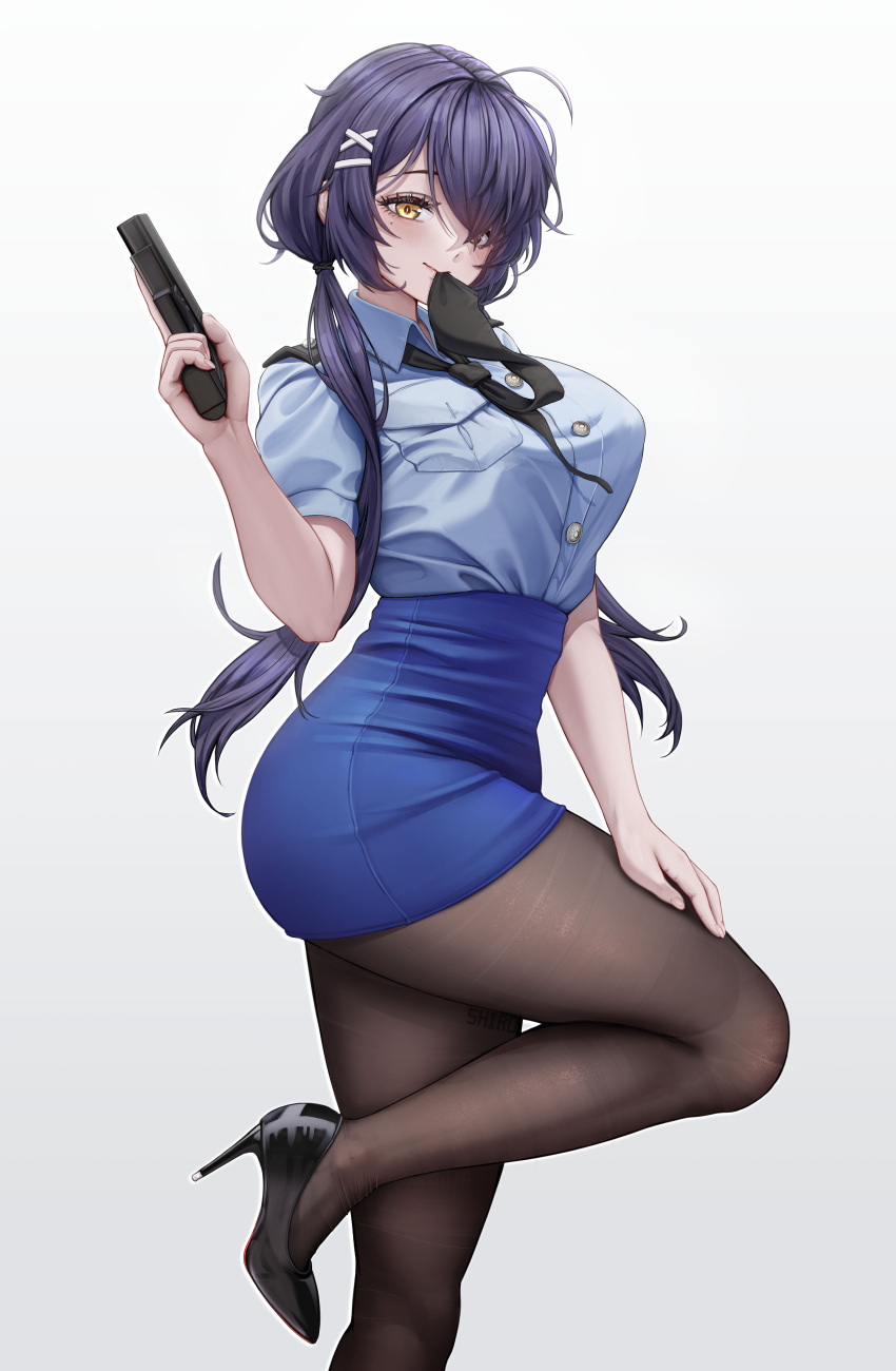 1girl absurdres bangs black_footwear black_legwear black_necktie blue_skirt breasts closed_mouth collared_shirt commentary_request crossed_bangs eyelashes gun hair_ornament hand_on_own_thigh hand_up handgun high_heels highres holding holding_gun holding_weapon knee_up low_twintails mouth_hold necktie necktie_in_mouth original parted_bangs pencil_skirt pistol pocket police police_uniform policewoman purple_hair seamed_legwear shadow shiro_(user_wegy5455) shirt short_sleeves simple_background skirt slit_pupils solo standing standing_on_one_leg twintails uniform weapon white_background x_hair_ornament yellow_eyes