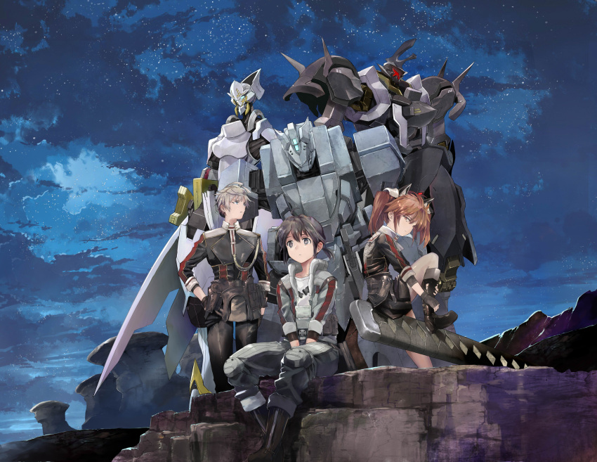 absurdres aira_(buster_dress) aoi_haruto astrantia black_eyes black_hair black_jacket blue_eyes brown_hair buster_dress caladbolg_(buster_dress) clouds cover cover_image cover_page grey_hair gunhawk_(buster_dress) hair_behind_ear highres jacket knee_pads looking_at_viewer manga_cover mecha military military_uniform night night_sky off_shoulder ponytail regulus_(buster_dress) sadamatsu_ryuuichi science_fiction sky twintails uniform visor