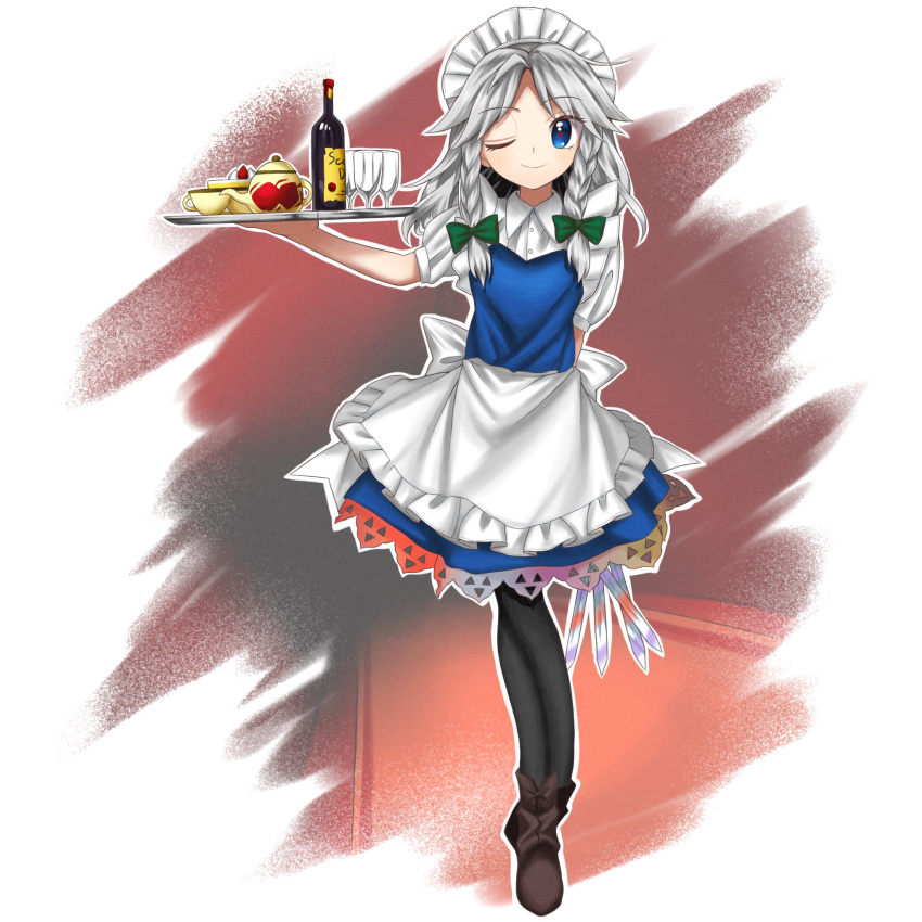 1girl apron back_bow blue_dress blue_eyes boots bottle bow braid breasts brown_footwear cake closed_mouth commentary_request cup dress drinking_glass food frilled_apron frilled_dress frills fruit full_body grey_hair harukawa_moe_(style) highres holding holding_knife holding_tray izayoi_sakuya keiki8296 knife looking_at_viewer maid maid_apron maid_headdress one_eye_closed rainbow_gradient shirt small_breasts smile standing strawberry teacup teapot touhou tray twin_braids waist_apron waist_bow white_apron white_bow white_shirt wine_bottle wine_glass