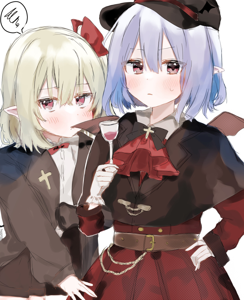 2girls absurdres alternate_costume ascot bangs blonde_hair blue_hair blush bow brooch cup dress eyebrows_visible_through_hair flandre_scarlet gloves hair_between_eyes hat highres holding jewelry long_sleeves looking_at_viewer multiple_girls nano_(nazuna0512) pointy_ears red_bow red_eyes red_ribbon remilia_scarlet ribbon short_hair spoken_squiggle squiggle touhou white_background white_gloves