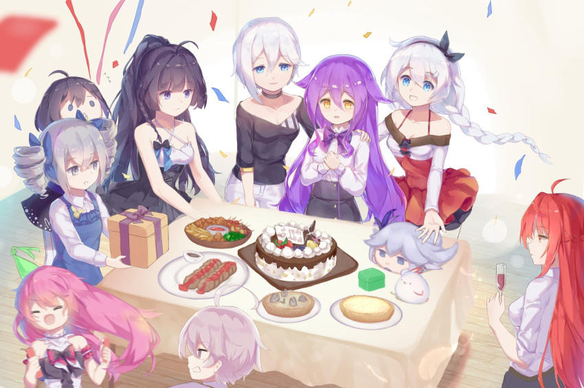 6+girls :d alcohol bangs bella_(honkai_impact) birthday black_shirt blue_dress blue_hair bow bowtie box braid bronya_zaychik cake cat056 cecilia_schariac closed_mouth confetti cup dress drill_hair drinking_glass food gift gift_box grey_eyes grey_hair hair_bow hat headband highres holding holding_cup honkai_(series) honkai_impact_3rd kiana_kaslana long_hair long_sleeves multiple_girls murata_himeko off-shoulder_dress off_shoulder open_clothes open_mouth party_hat pinafore_dress pink_hair polo_shirt purple_dress purple_hair raiden_mei redhead rozaliya_olenyeva seele_vollerei shirt short_hair sin_mal sirin sleeveless sleeveless_dress smile table twin_braids twin_drills violet_eyes white_dress white_shirt wine wine_glass yellow_eyes