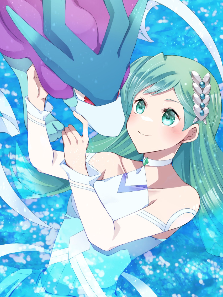 1girl aqua_dress aqua_eyes aqua_hair bare_shoulders blue_background breasts choker collarbone dress hair_ornament halter_dress halterneck highres kris_(pokemon) lying medium_hair mochi_(g_mochi) official_alternate_costume petting pokemon pokemon_(game) pokemon_gsc pokemon_masters_ex sandals small_breasts smile suicune water wrist_cuffs