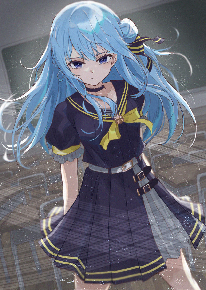 1girl arms_behind_back blue_dress blue_hair blue_sailor_collar breasts chair chalkboard choker classroom closed_mouth cowboy_shot desk dress eyebrows_visible_through_hair frown hair_bun hair_ribbon highres hololive hoshimachi_suisei light_particles long_hair looking_at_viewer neckerchief ribbon sailor_collar school_uniform small_breasts solo time_is_money3120 transparent virtual_youtuber yellow_neckerchief
