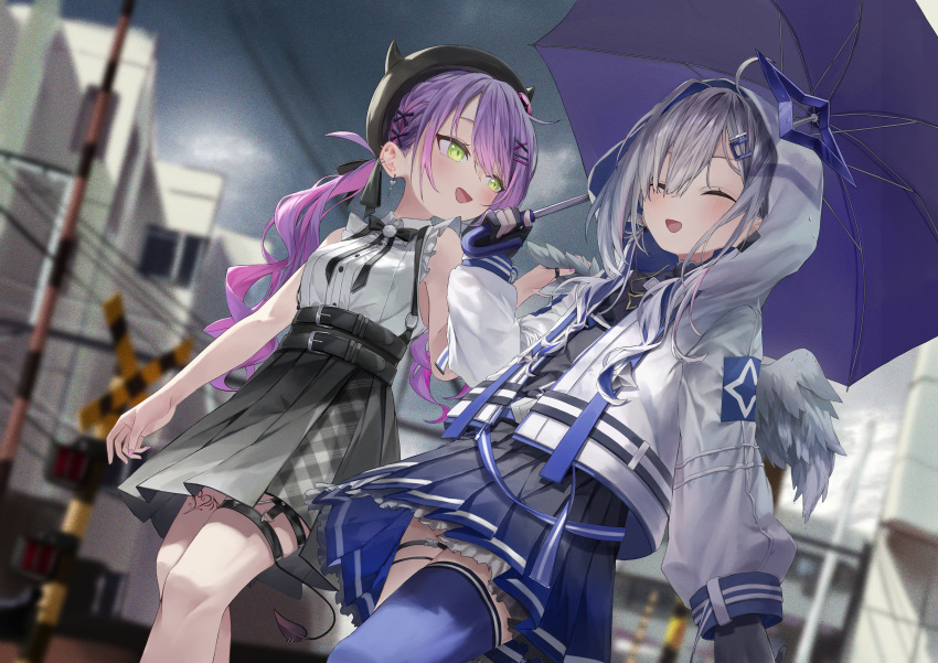 2girls absurdres amane_kanata angel_wings black_gloves black_headwear blue_legwear blue_skirt blush closed_eyes commentary demon_tail ear_piercing english_commentary fake_horns frilled_shirt frills fudepenbrushpen gloves green_eyes grey_hair grey_skirt hair_ornament hair_over_one_eye halo hat heart heart_tattoo highres holding holding_umbrella hololive hood hood_up hooded_jacket horned_headwear horns jacket leg_tattoo long_hair long_sleeves looking_at_another low_twintails multiple_girls multiple_piercings open_mouth partially_fingerless_gloves piercing pleated_skirt shirt single_thighhigh skirt sleeveless sleeveless_shirt sleeves_past_wrists smile star_halo tail tail_ornament tail_piercing tattoo thigh-highs tokoyami_towa twintails umbrella virtual_youtuber white_jacket white_shirt wings x_hair_ornament