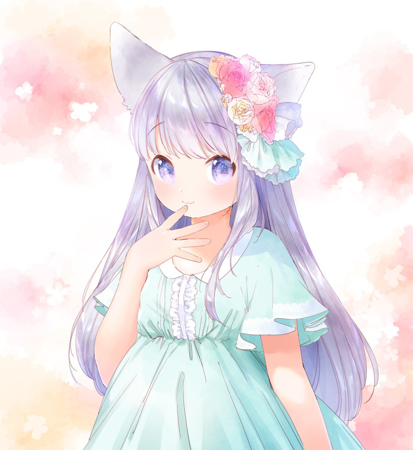 1girl animal_ears blue_dress blush commentary_request dress finger_to_own_chin flower hair_flower hair_ornament highres long_hair looking_at_viewer mutou_mato original purple_hair short_sleeves smile solo upper_body violet_eyes