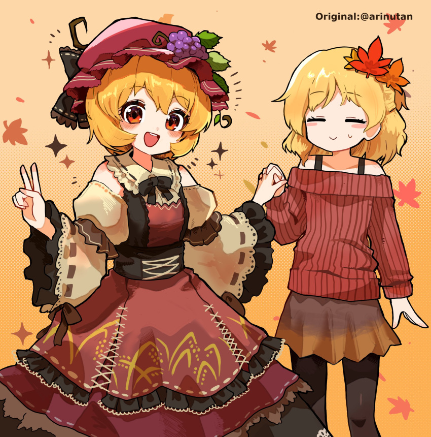 2girls :d adapted_costume aki_minoriko aki_shizuha autumn_leaves bare_shoulders black_skirt blonde_hair blush blush_stickers dress eyebrows_visible_through_hair food fruit grapes hair_ornament hat highres howhow_notei leaf leaf_hair_ornament long_sleeves looking_at_viewer maple_leaf mob_cap multiple_girls open_mouth orange_background pantyhose red_dress red_eyes red_headwear red_skirt shirt short_hair siblings sisters skirt smile sparkle touhou v wide_sleeves