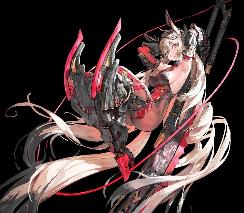 absurdres agoto ahoge animal_ears armlet armor armpits arms_up black_armor black_background blonde_hair bright_pupils closed_mouth covered_navel covered_nipples elbow_gloves gloves hair_between_eyes high_heels highres holding holding_sword holding_weapon huge_weapon long_hair looking_at_viewer mechanical_legs necktie original pantyhose red_eyes red_gloves red_necktie simple_background sketch sword unfinished very_long_hair weapon white_pupils