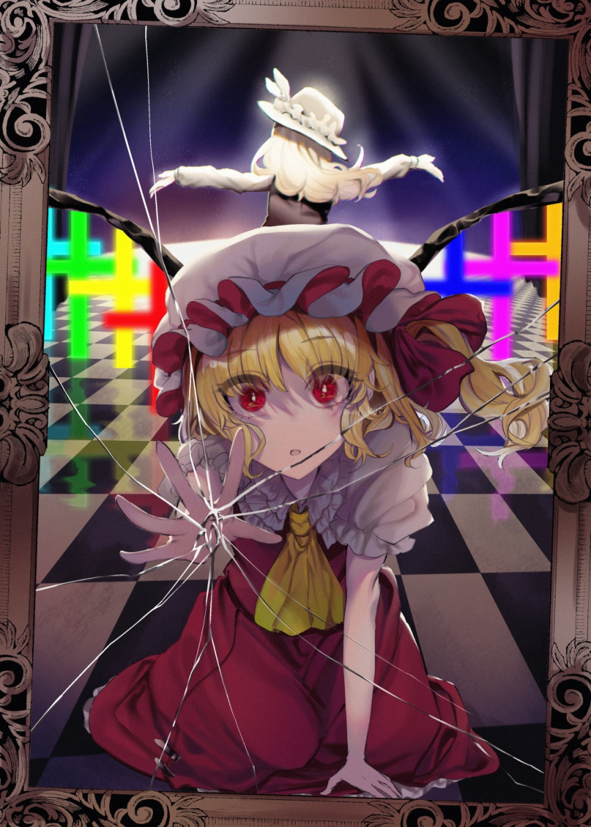 2girls ascot blonde_hair facing_away flandre_scarlet hat hat_ribbon highres ishikawa_sparerib jacket_girl_(dipp) looking_at_viewer mirror mob_cap multiple_girls on_floor open_mouth outstretched_arms perspective puffy_short_sleeves puffy_sleeves red_eyes red_skirt red_vest reflection ribbon short_sleeves sitting skirt skirt_set tile_floor tiles touhou vest wings