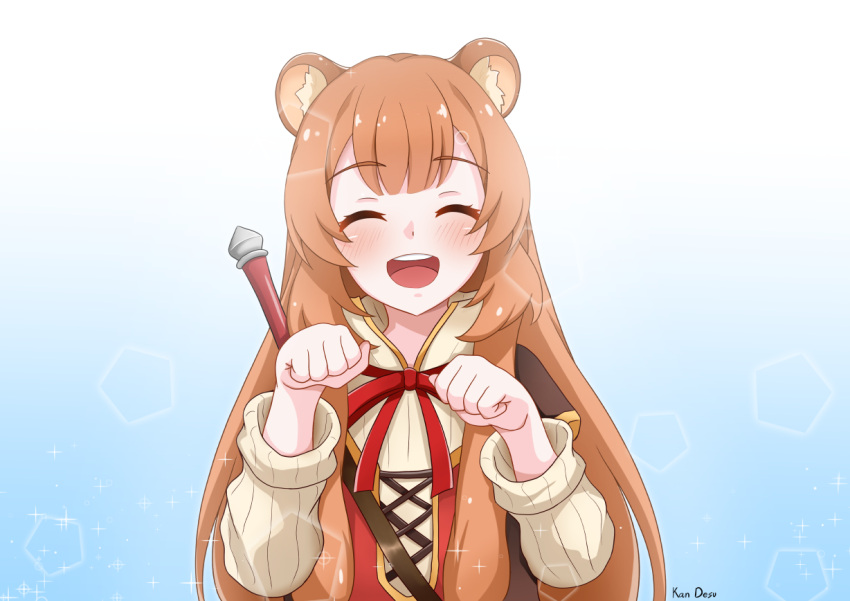 1girl :d animal_ear_fluff animal_ears bangs blush child closed_eyes eyebrows_visible_through_hair hair_between_eyes kan_(afterrain1412) long_hair long_sleeves looking_at_viewer open_mouth raccoon_ears raphtalia scene_reference simple_background smile solo tate_no_yuusha_no_nariagari very_long_hair white_background