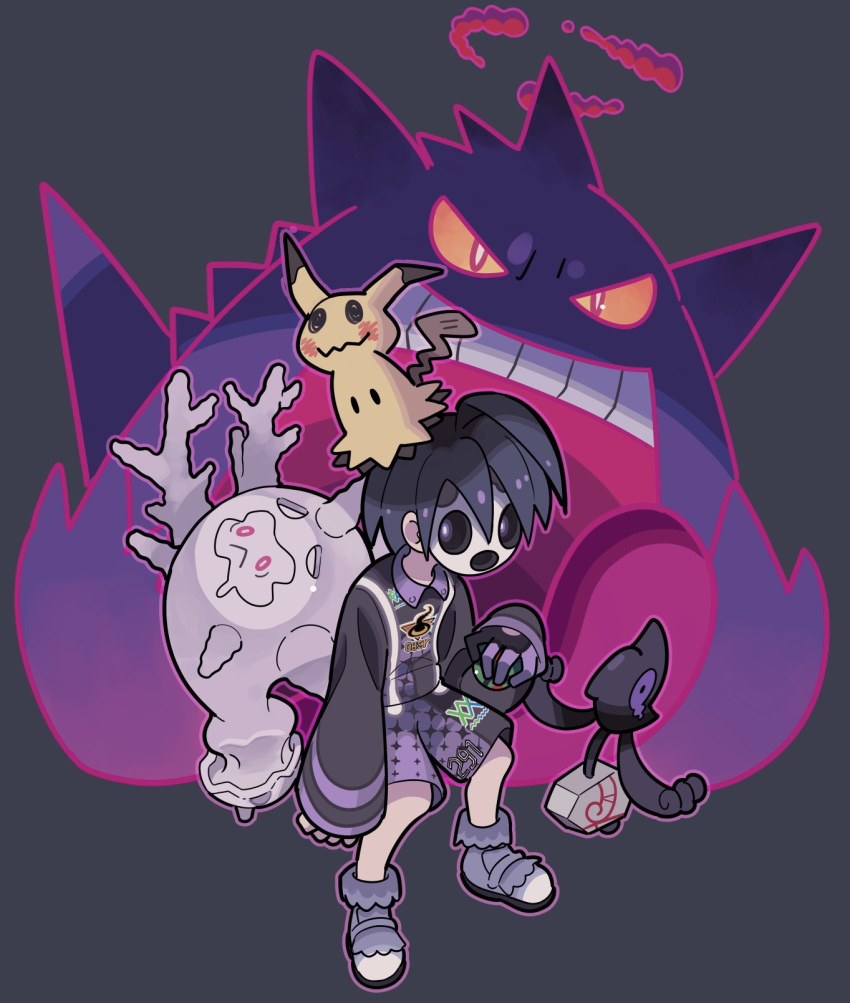 1boy ahoge allister_(pokemon) black_hair black_shirt black_shorts bright_pupils collared_shirt commentary_request cursola dusk_ball galarian_yamask gengar gigantamax gigantamax_gengar gloves glowing grey_background highres holding holding_poke_ball long_sleeves male_focus mask mimikyu poke_ball pokemon pokemon_(game) pokemon_swsh shirt shoes short_hair shorts single_glove socks suspender_shorts suspenders sutokame violet_eyes white_footwear white_legwear