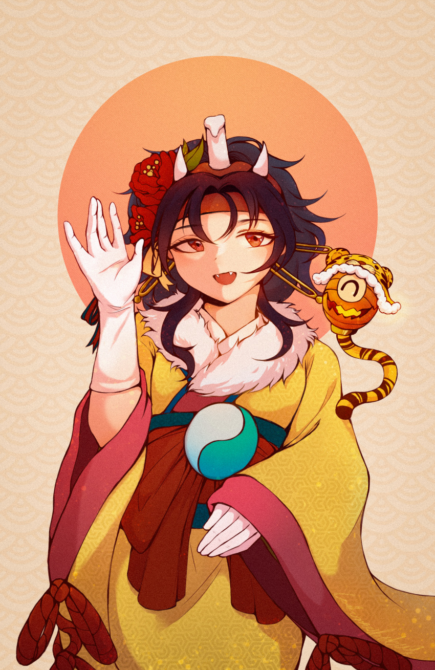 1other androgynous black_hair bow candle fang flower gloves hair_flower hair_ornament highres horns japanese_clothes kimono lakenightbug len'en new_year obi red_bow red_eyes sash taira_no_chouki white_gloves wide_sleeves yellow_kimono