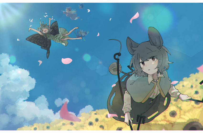 5girls animal_ears antennae aqua_hair bad_anatomy barefoot black_dress blush butterfly_wings capelet cirno closed_eyes clownpiece dowsing_rod dress eternity_larva eyebrows_visible_through_hair fairy flower green_dress grey_capelet grey_hair highres leaf leaf_on_head lily_white long_sleeves mouse_ears mouse_tail multicolored_clothes multicolored_dress multiple_girls nazrin open_mouth parted_lips red_eyes short_hair short_sleeves smile sunflower tail touhou wings yann7478 yellow_flower