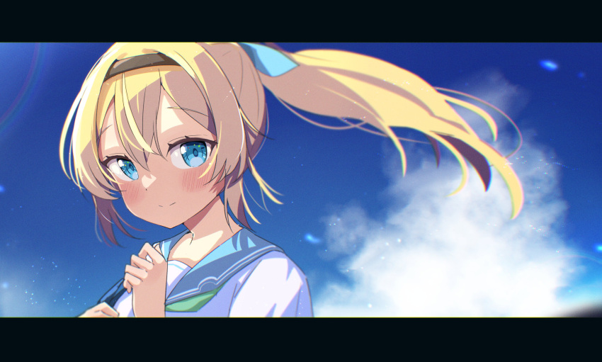 1girl absurdres bangs black_hairband blonde_hair blue_eyes blue_sailor_collar blue_sky blush closed_mouth clouds commentary_request eyebrows_visible_through_hair hair_between_eyes hairband hands_up highres hololive kazama_iroha letterboxed looking_at_viewer okota_mikan ponytail sailor_collar school_uniform serafuku shirt sky smile solo upper_body virtual_youtuber white_shirt