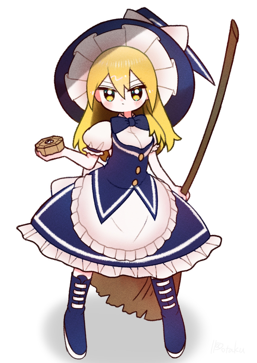 1girl apron bangs blonde_hair blue_bow blue_corset blue_footwear blue_headwear blue_skirt boots bow bowtie broom buttons commentary_request corset dotaku_(wran8845) frilled_skirt frills full_body hair_between_eyes hat hat_bow highres holding holding_broom kirisame_marisa looking_at_viewer medium_hair mini-hakkero puffy_short_sleeves puffy_sleeves revision shirt short_sleeves skirt solo touhou urban_legend_in_limbo waist_apron white_apron white_bow white_shirt witch_hat yellow_eyes