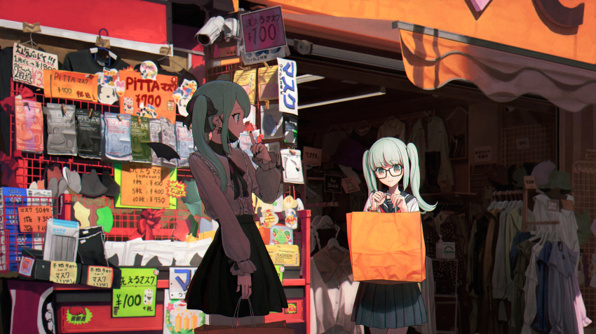 2girls absurdres bangs bat_wings black-framed_eyewear black_bow black_nails black_skirt blue_sailor_collar blue_skirt bow cinderella_(vocaloid) clothes_hanger commentary_request detached_wings dual_persona glasses hair_bow hatsune_miku highres long_hair long_sleeves mask mini_wings mouth_mask multiple_girls pink_shirt pleated_skirt sailor_collar school_uniform serafuku shirt shop shopping skirt turu twintails vampire_(vocaloid) vocaloid wings