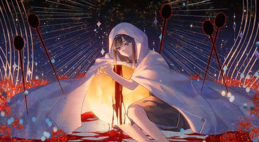1girl akemi_homura bangs black_bow black_bowtie black_hair black_skirt blood bow bowtie chinese_commentary cloak commentary_request diamond_(shape) expressionless feet_out_of_frame field flower flower_field glowing highres holding hood hood_up hooded_cloak kirinatongnai long_hair mahou_shoujo_madoka_magica orb sidelocks sitting skirt solo spider_lily violet_eyes white_cloak