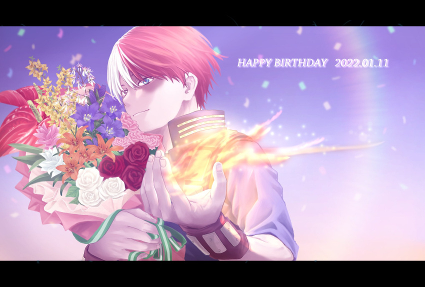 1boy bangs blue_eyes boku_no_hero_academia bouquet burn_scar closed_mouth commentary confetti element_bending fire flower green_ribbon happy_birthday heterochromia highres holding holding_bouquet ko10_02 letterboxed looking_at_viewer male_focus multicolored_hair orange_flower pink_flower purple_background pyrokinesis red_flower red_rose redhead ribbon rose scar scar_across_eye scar_on_face short_hair solo split-color_hair todoroki_shouto two-tone_hair white_flower white_hair white_rose wristband yellow_flower