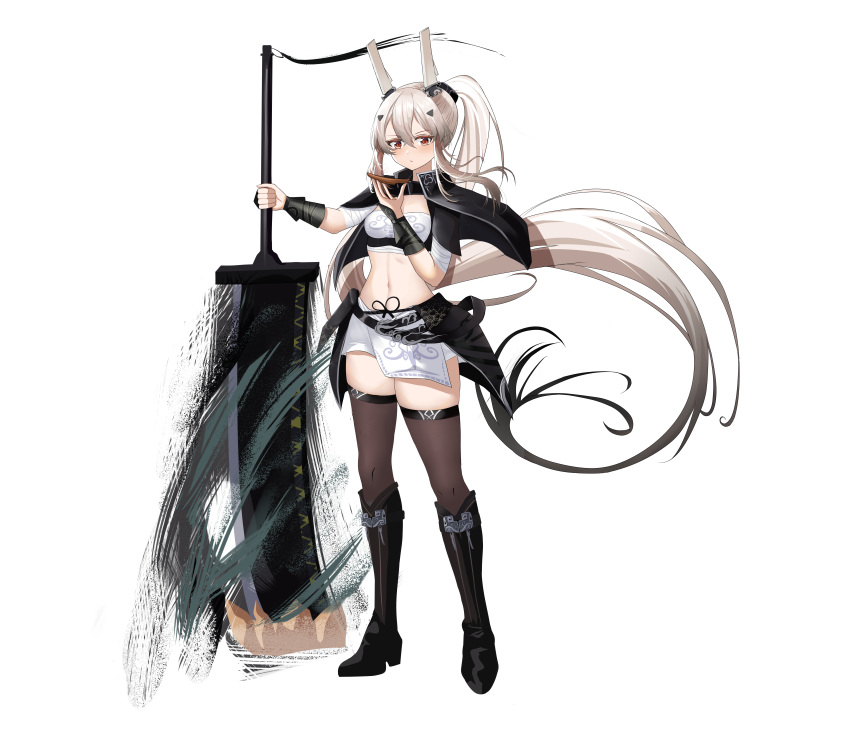 1girl absurdres ayanami_(azur_lane) ayanami_(dynasty_shipgirl)_(azur_lane) azur_lane black_footwear black_legwear blonde_hair boots breasts full_body hand_wraps headgear highres holding holding_weapon huge_weapon jiarenyan knee_boots long_hair looking_at_viewer midriff miniskirt official_alternate_costume orange_eyes ponytail red_eyes simple_background skirt small_breasts solo standing thigh-highs transparent_background very_long_hair weapon white_skirt zettai_ryouiki