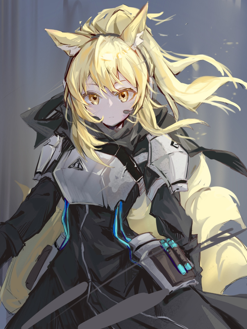 1girl anehana animal_ear_fluff animal_ears arknights armor bangs black_dress black_footwear black_gloves black_jacket black_scarf black_skirt blonde_hair boots breastplate breasts closed_mouth dress elbow_gloves expressionless eyebrows_visible_through_hair floating_hair full_body gauntlets gloves hair_between_eyes headset high_heel_boots high_heels highres holding holding_shield holding_weapon horse_ears horse_girl horse_tail jacket looking_at_viewer nearl_(arknights) orange_eyes pauldrons ponytail scarf shield shoulder_armor sidelocks skirt solo tachi-e tail torn_scarf transparent_background weapon white_armor wind yellow_eyes