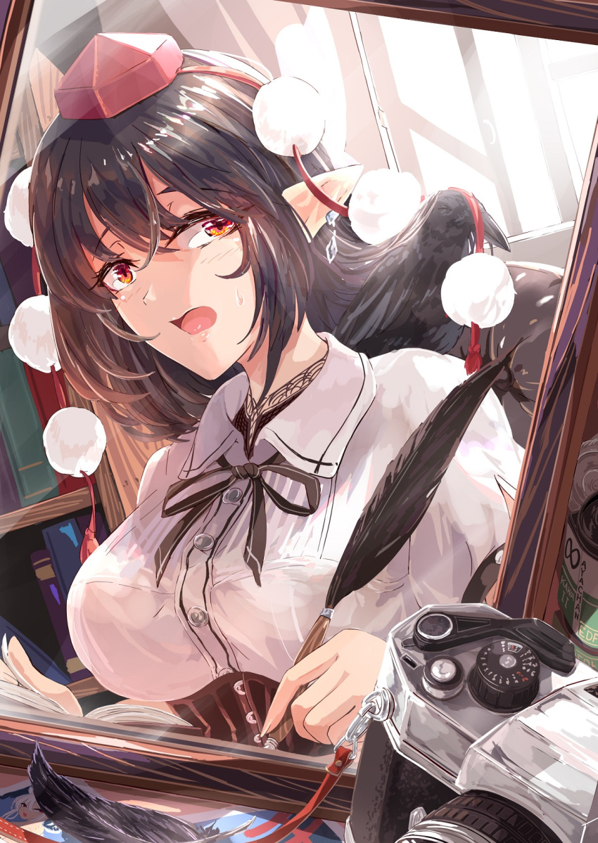 1girl bangs bird black_hair blush book bookshelf breasts buttons camera collared_shirt corset crow earrings eyebrows_visible_through_hair hair_between_eyes hat highres holding holding_quill indoors jewelry kagami_toufu mirror neck_ribbon open_mouth pointy_ears pom_pom_(clothes) quill reflection ribbon shameimaru_aya shirt short_hair solo sunlight sweat sweatdrop tokin_hat touhou upper_body