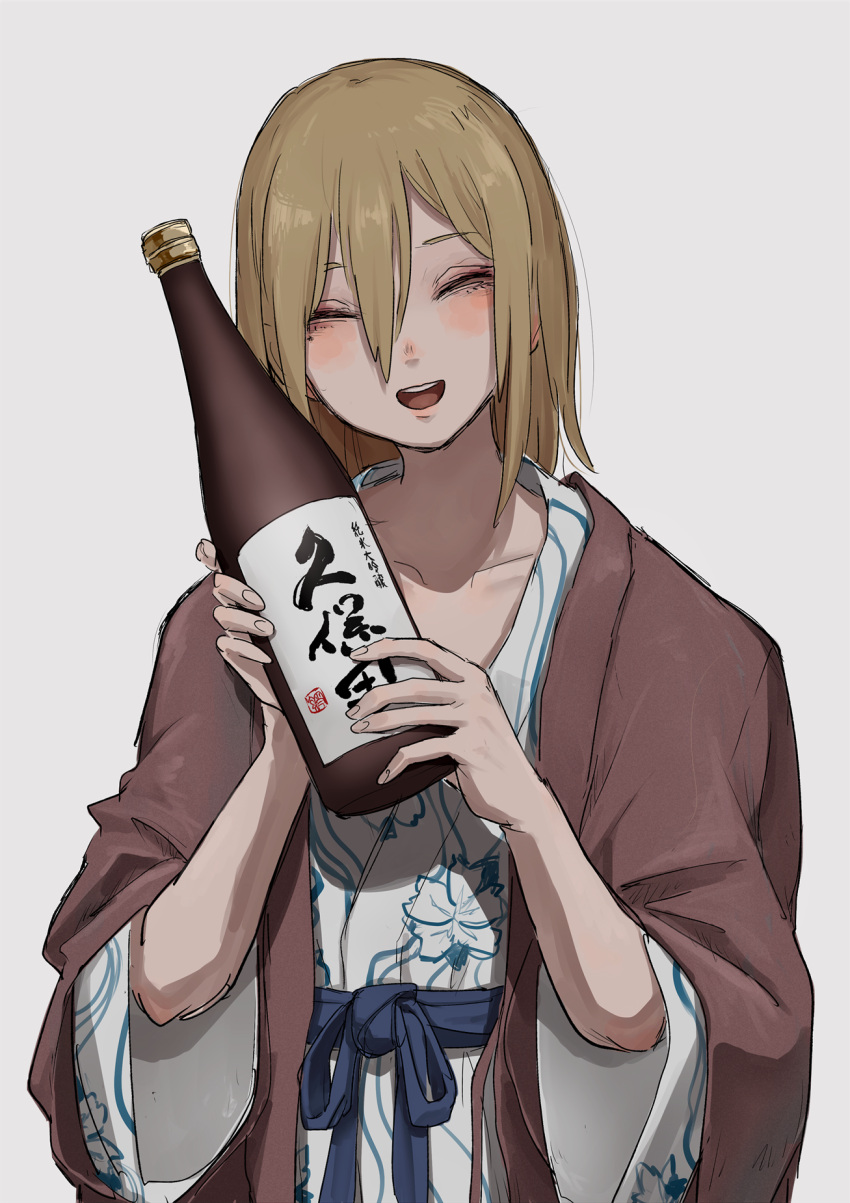 1girl alcohol bangs blonde_hair blush bottle brown_robe closed_eyes collarbone commentary_request facing_viewer floral_print hair_between_eyes hands_up head_tilt highres holding holding_bottle japanese_clothes kimono long_hair long_sleeves open_mouth original sake sake_bottle sidelocks simple_background smile solo tabao teeth upper_body upper_teeth white_background white_kimono wide_sleeves