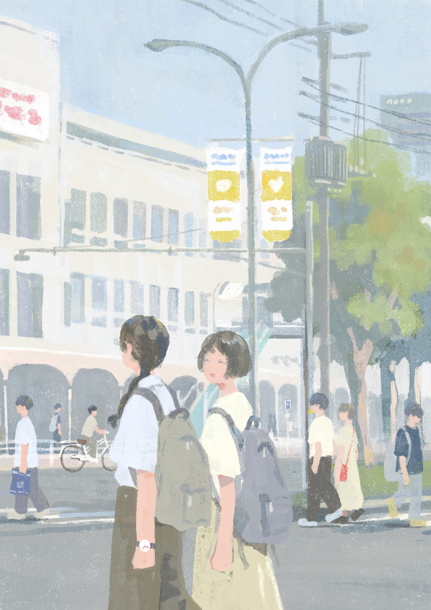 2others 3girls 5boys absurdres backpack bag bicycle blue_bag blue_hair brown_bag brown_hair building closed_eyes day grey_bag ground_vehicle hand_in_pocket handbag hayashi_naoyuki highres holding holding_bag lamppost long_hair multiple_boys multiple_girls multiple_others open_mouth original outdoors painterly red_bag road_sign scenery short_hair sign silhouette smile tree utility_pole walking watch watch yellow_footwear
