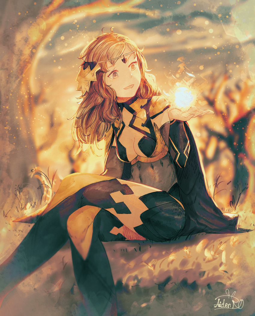 1girl absurdres ahoge aidenr0 asymmetrical_bangs bangs blonde_hair bodystocking cape circlet covered_navel fire_emblem fire_emblem_fates grey_eyes highres long_hair magatama medium_hair open_mouth ophelia_(fire_emblem) outdoors pantyhose thigh-highs