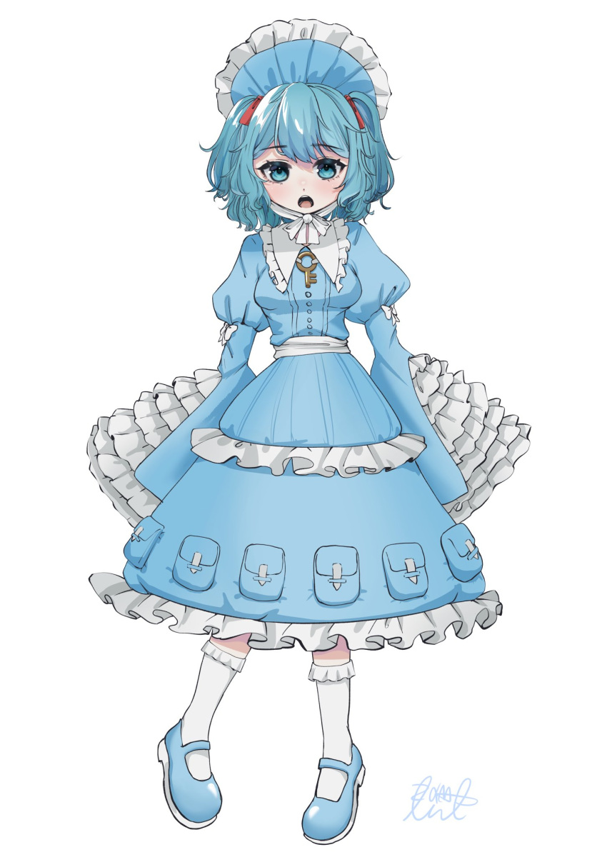 1girl adapted_costume blue_eyes blue_footwear blue_hair dress embellished_costume frilled_dress frilled_shirt_collar frills full_body hair_ornament highres juliet_sleeves kawashiro_nitori long_sleeves looking_at_viewer maid_headdress mary_janes open_mouth puffy_sleeves shoes short_hair signature socks solo standing touhou white_background white_legwear yomogi_0001